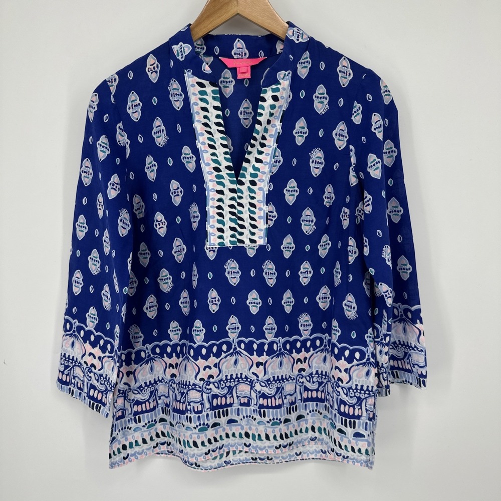 Lilly Pulitzer Silk Blend Asani Tunic Top Lapis Lazuli Glow Up Engineered Print
